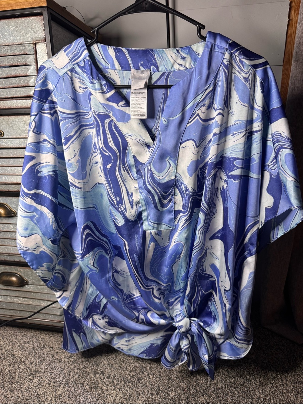 Chico's Blue and White Marble Tie-Front Blouse